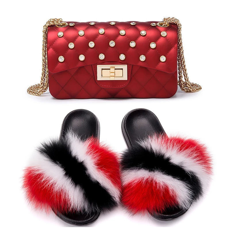 

New Women Diamond Shoulder Bag Fur Slippers Set Fashion Ladies Fluffy Furry Fur Slides Portable Jelly Bag Mtach Bling Purse Hot