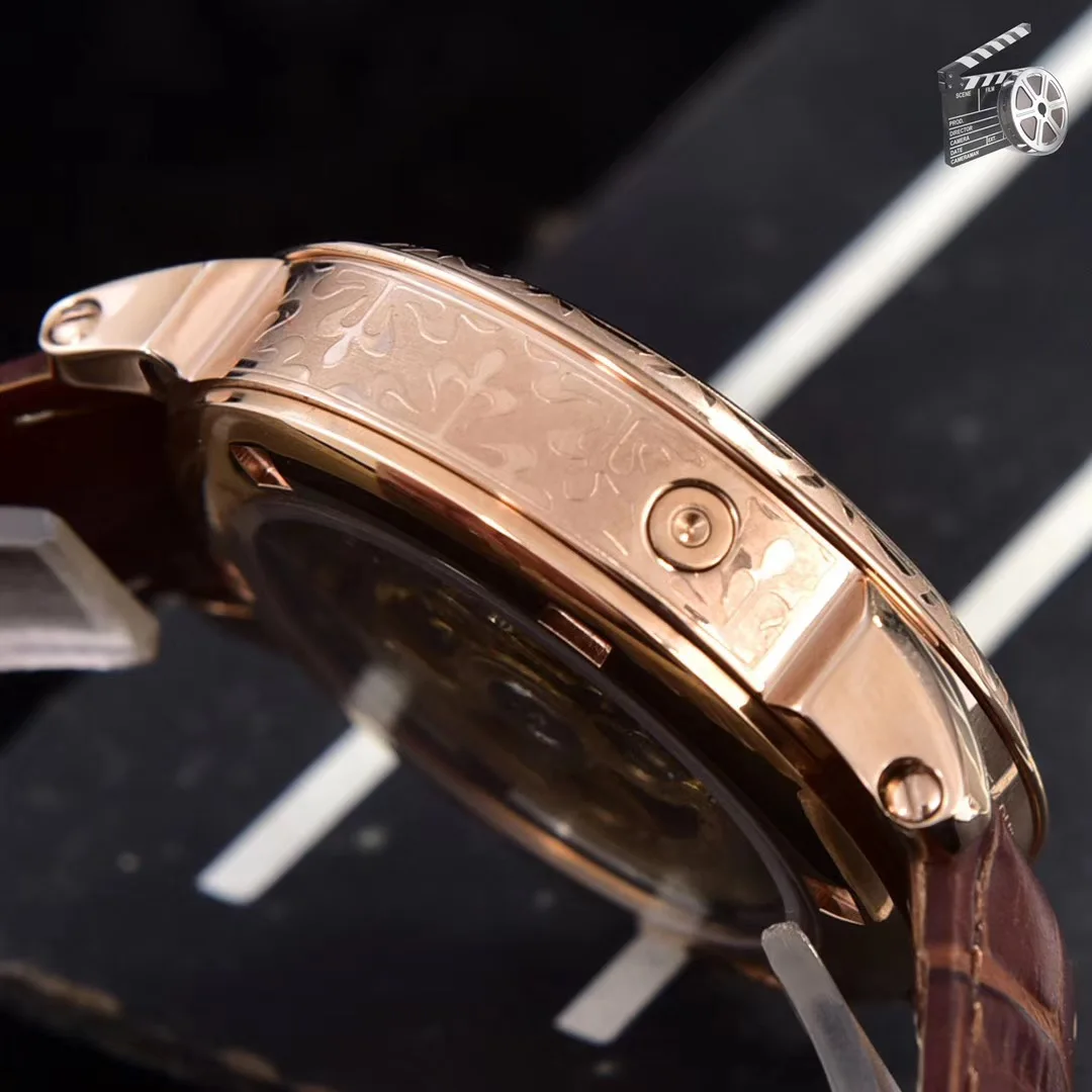 

Classic New Men Automatic Mechanical Watch Rose Gold Stainless Steel Brown Black Leather Sapphire Skeleton Engrave Enamel