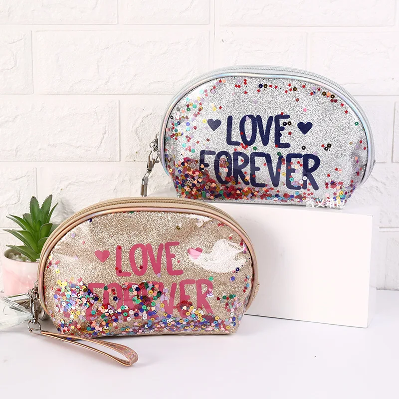 

Glitter sequins printed letters cartoon semicircle wash storage pouches makeup cosmetics bag
