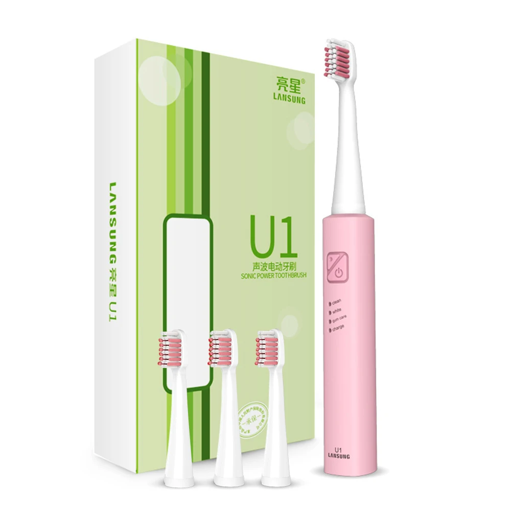 LANSUNG звуковая электрическая зубная щетка, ультра звуковая USB перезаряжаемая зубная щетка для взрослых, 4 насадки, сменные отбеливающие водонепроницаемые - Цвет: U1 All Pink 4head