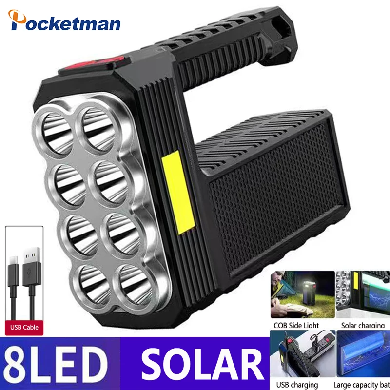 

Strong light flashlight 8 LED lights source flashlamp with COB side light usb/solar rechargeable lantern portable torch