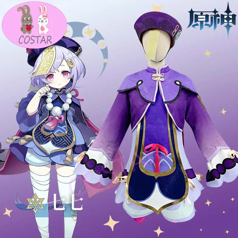 

Anime Genshin Impact Qiqi Zombies Freeze Back Into The Night Game Suit Purple Lovely Dress Cosplay Costume Halloween Party Outfi
