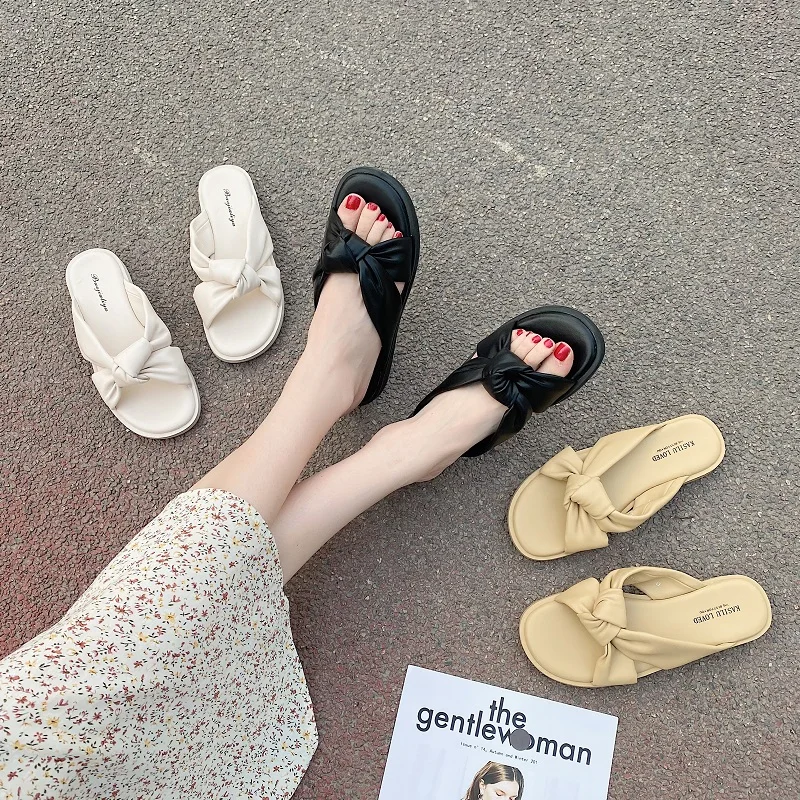 

Low Slippers Women Summer Luxury Slides Female Shoes Platform Butterfly-Knot Designer 2021 Flat Soft Fabric Basic Casual Butterf