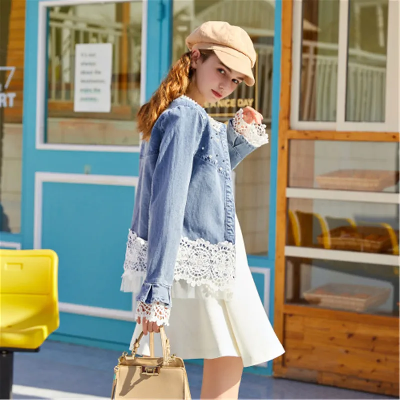 RUGOD/Модная Джинсовая куртка с жемчугом и бусинами женское элегантное кружевное