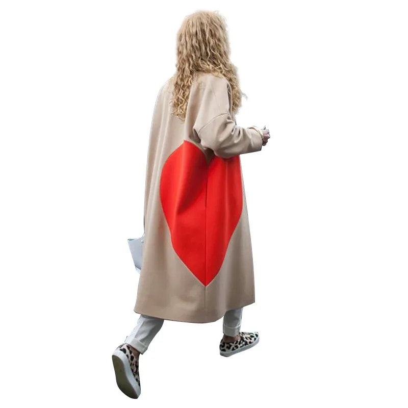 

Jane Deiune 2020 New Winter Lady Fashion Loving Heart Print Long Woolen Coat Casual Streetwear Loose Large Size Chic Outwear
