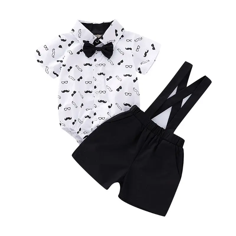 

2PCS Set Newborn Baby Infant Short Sleeve Romper Gentalmen Moustache Bow Tie Jumpsuit Overall Bib Pants Shorts Suit