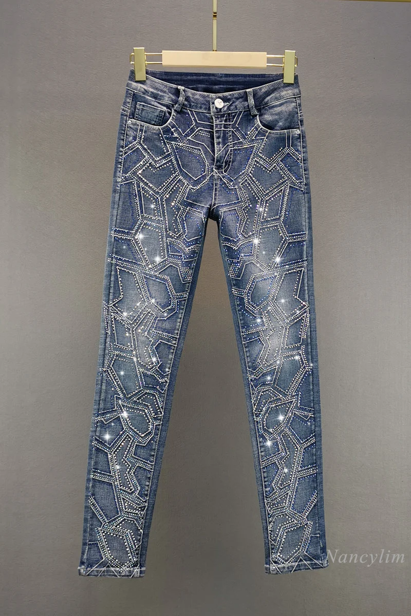 

Embroidered Hot Drill Rhinestone Jeans for Women 2021 Spring New High Waist Slim Fit Skinny Blue Denim Pants Femme
