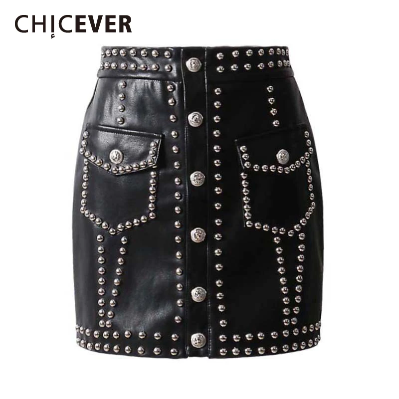 CHICEVER тяжелые заклепки искусственная кожа Юбки Высокая талия однобортная мини