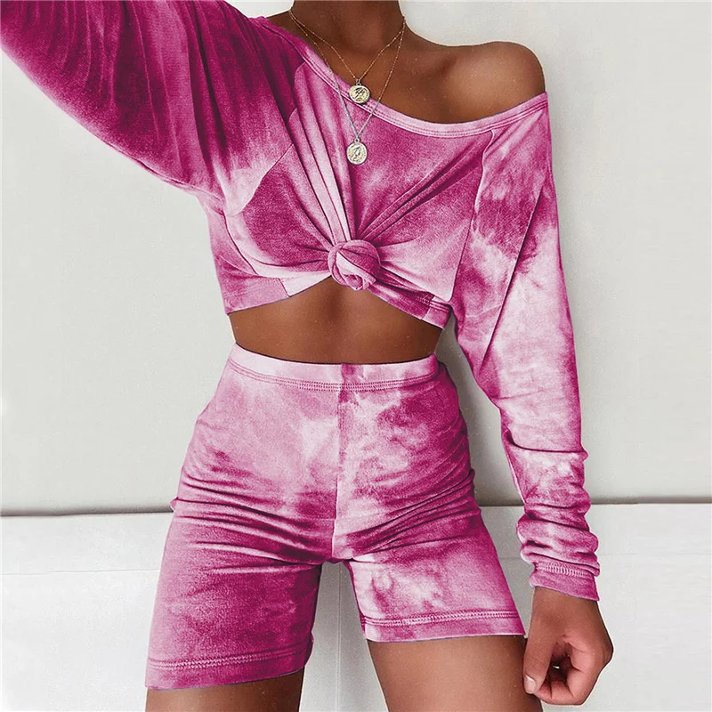 Rainbowwaves  Pajamas For Women Tie Dye Patchwork Two Piece Set Sleepwear Casual Long Sleeve T-shirts Shorts Loungewear Outfit