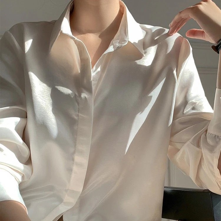 

High-end silk satin white shirt girl design niche commuter gas shirt chic top womens tops clothing crop tops women 2020