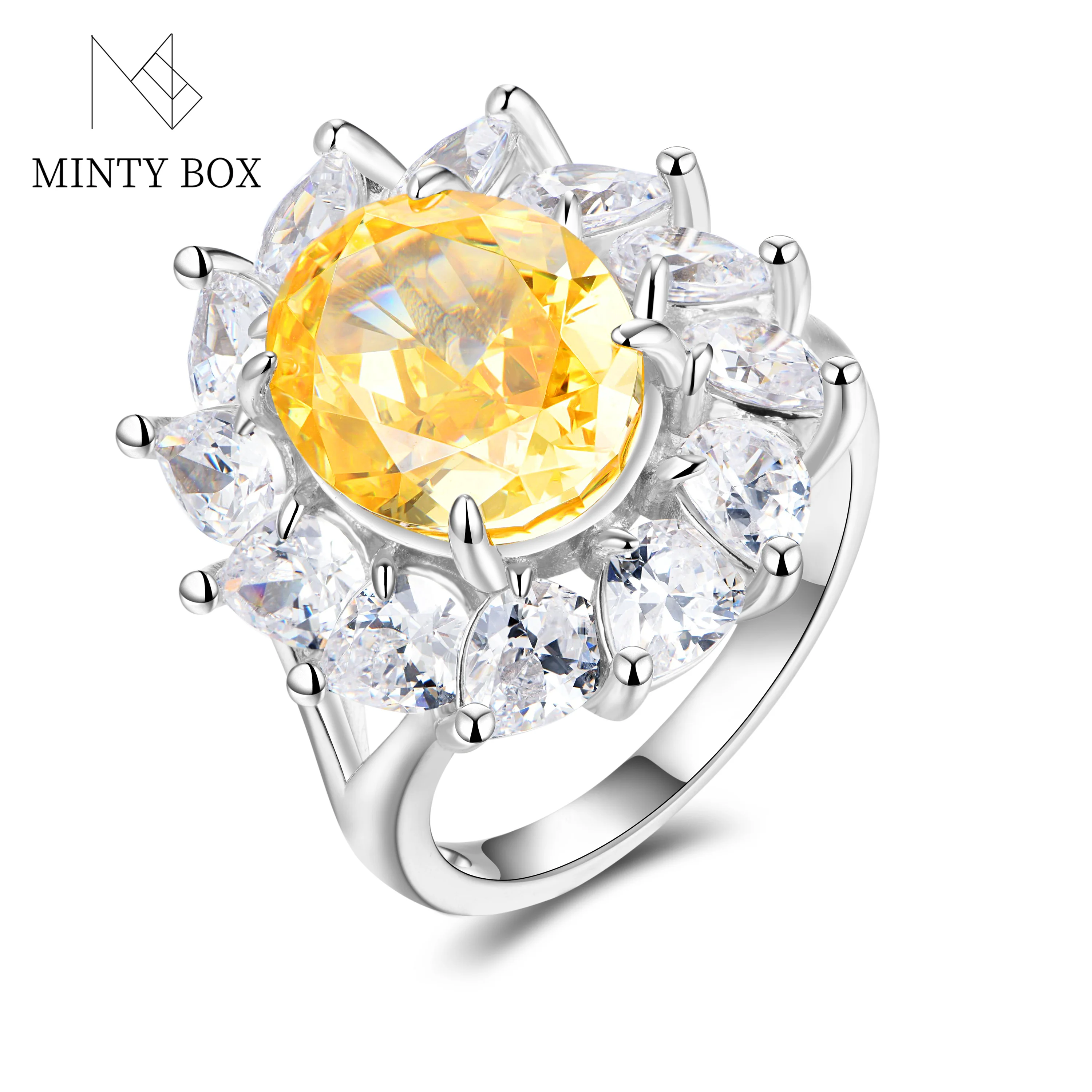 Mintybox Solid 925 Sterling Silver Women's Cubic Zircon Yellow Gemstone Ring for Engagement Promise Women Accessories Jewelry