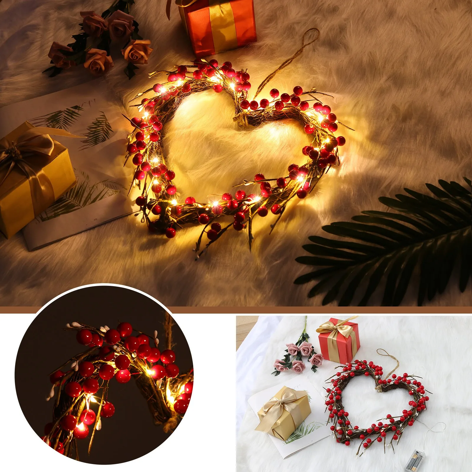 

DIY Heart-shape Valentines Day Decorative Garland with Lights Romantic Holiday Wreath Wedding Home Decoration Door Wall Decor