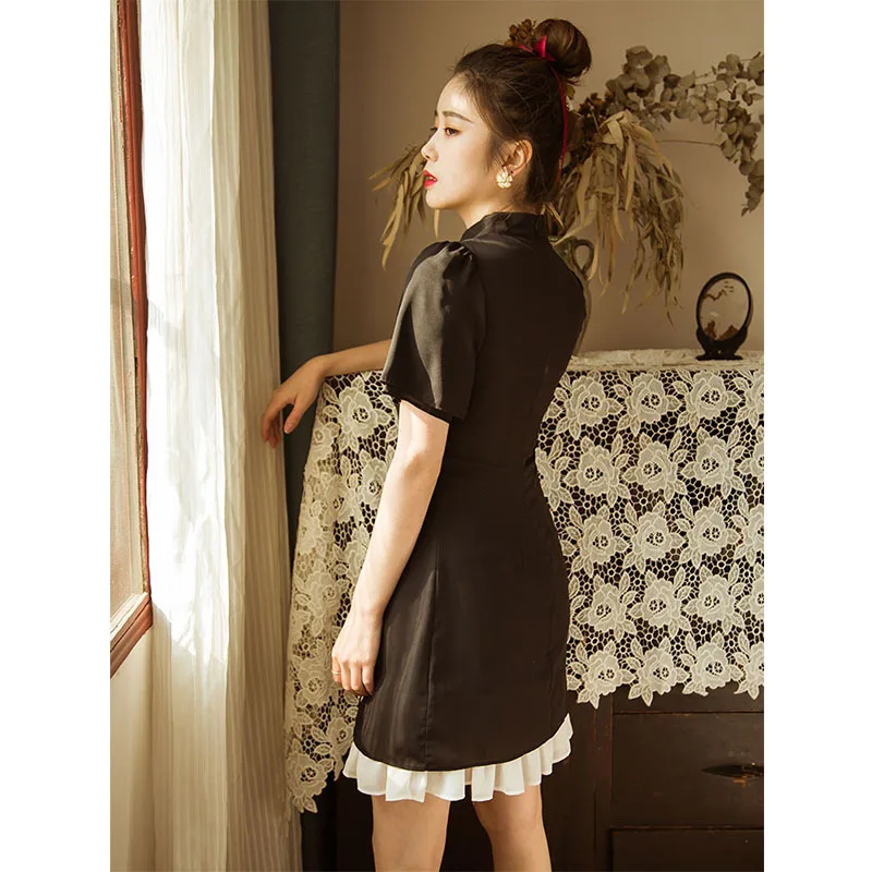 

Summer New Cheongsam Modified Dress Women's Small Black Dress Hepburn Long Smart Smoked Dress