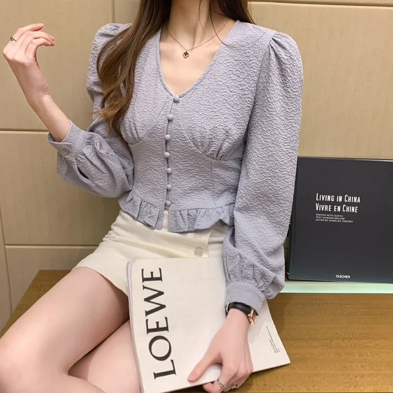 

COIGARSAM Full Sleeve Shirt Womens tops New Spring V-Neck Women shirts White Light Blue Apricot 598