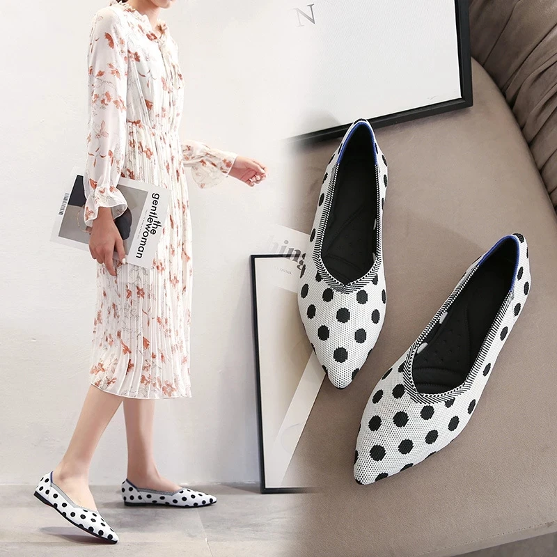 35-43 Women's Flat Shoes Ballet Shoes Moccasin Mixed Color Shoes Women Knit Pointed Shoes Soft Pregnant Shoes Zapatos De Mujer