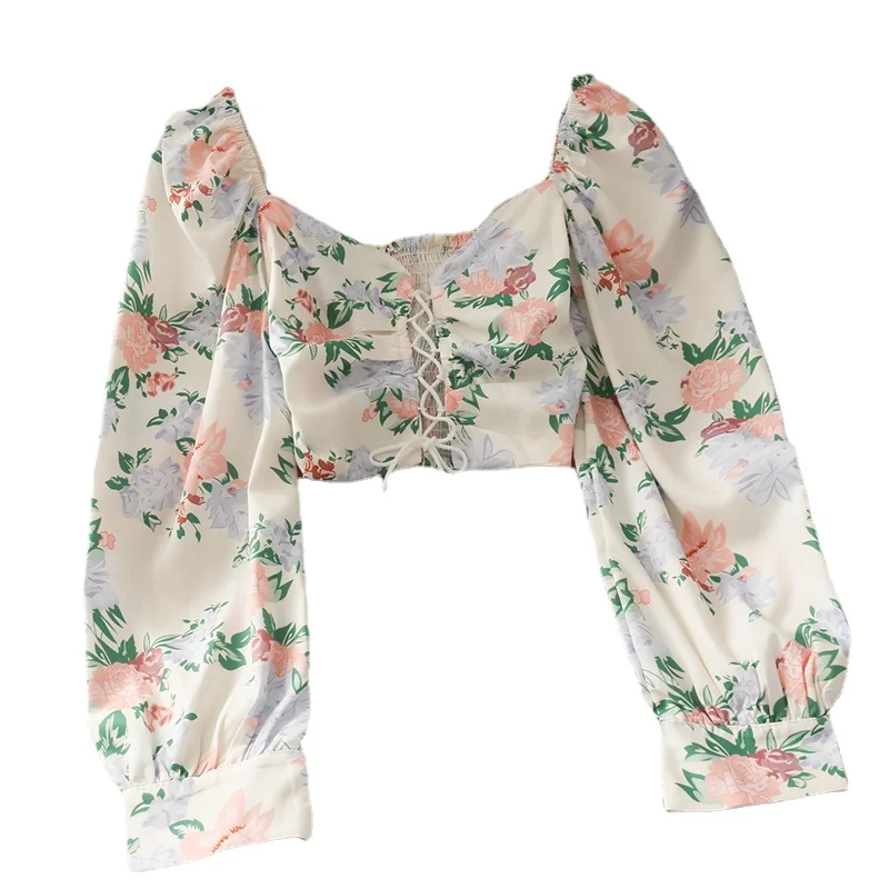 

Retro Print Long-sleeved Shirt Tops 2021 New Spring and Summer All-match Floral Puff Sleeves Belly Button Tube Top Blouses