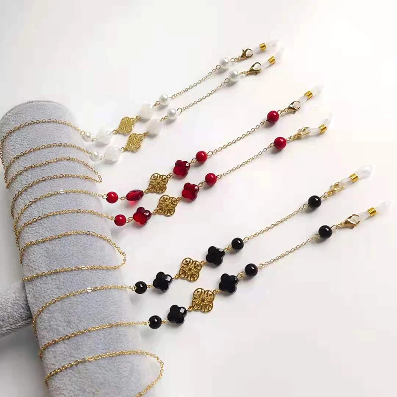 Eyeglasses Chain Crystal Bead Four Leaf Clover Flower Charm Eyewear Holder Cord Women Sunglasses Retainer Necklace Bracelet | Аксессуары