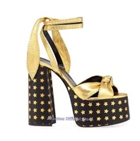 golden stars printed super high heeled thick platform cross knot open toe ankle strap high heel sandals women dress shoes