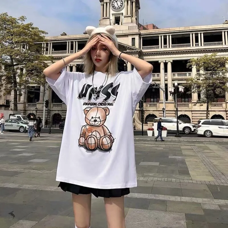 

Couple Fashion Trendy Brand Bear Short-sleeved T-shirts for Men and Women Oversize Couples Summer Ins Half-sleeved Sweatshirts