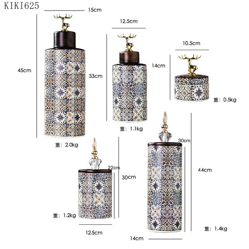 

European-style Ceramic Storage Jar Golden Deer Lid Candy Nut Storage Jar Large-capacity Tea Can Retro Flower Pattern General Jar