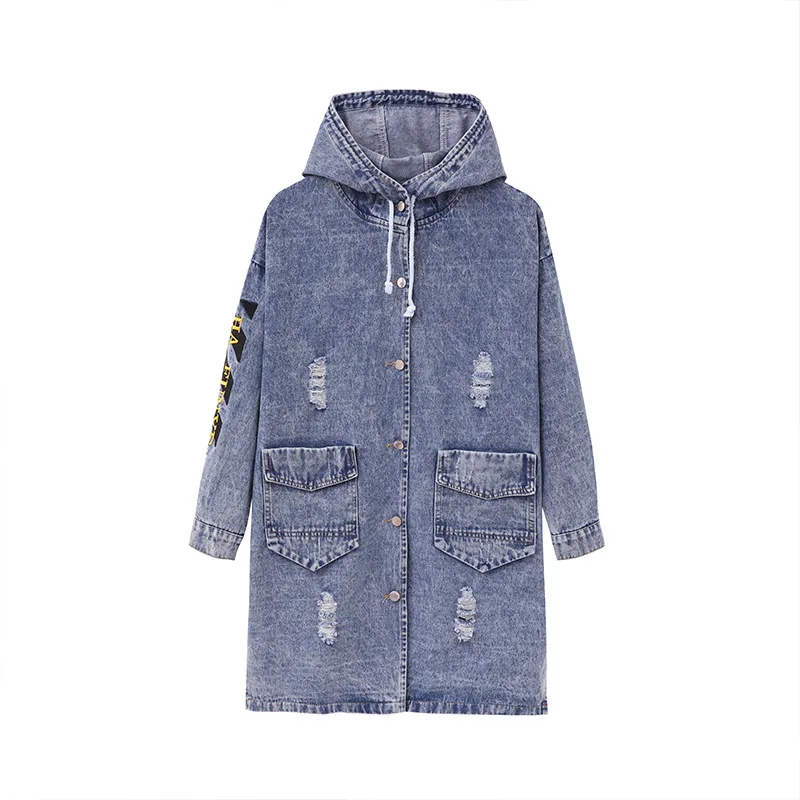 

Letter embroidery women's denim jacket long streetwear denim coat women hole hooded jean jacket spring Oversized loose outwear