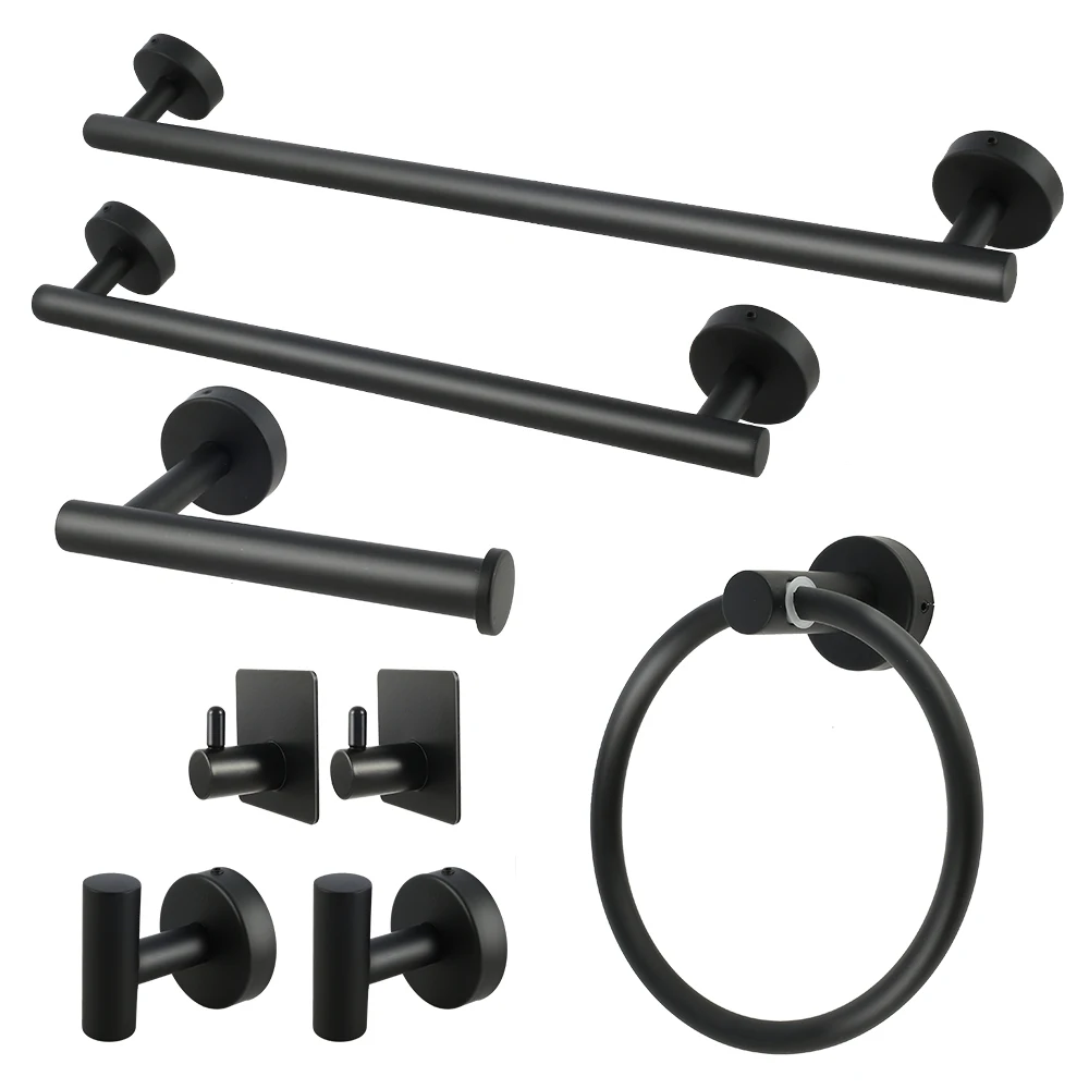 

8pcs Bathroom Hardware Set Stainless Steel Matte Black Double Towel Bar Bathroom Towel Rack Bathroom Accessories Towel Ring
