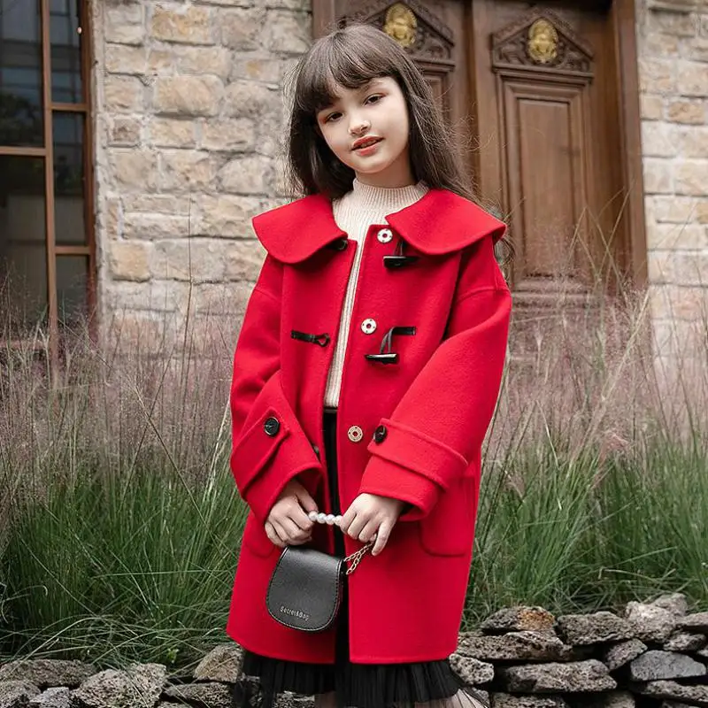 

Winter Woolen Overcoats For 5 to 14 Years Girls Single Breasted Mid Length Coats Kids Children Warm Thicken Jackets Outerwear