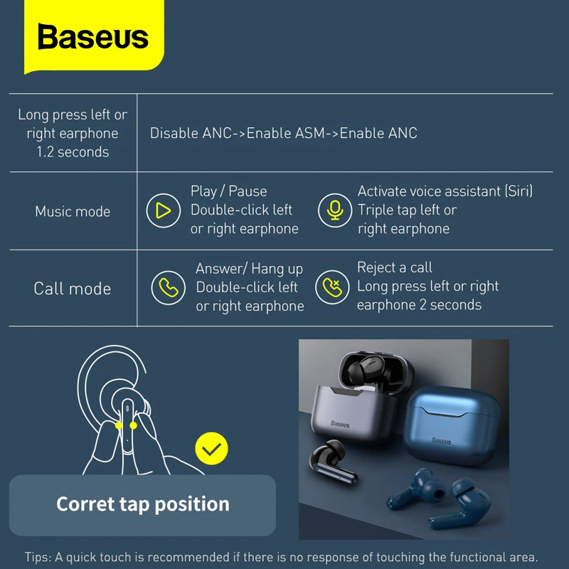 

Baseus S1 Pro Wireless Earphone Headphones SBC AAC TWS Bluetooth 5.1 Earbuds ANC Noise Cancellation Earphones Ear Buds Earpiece