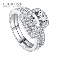 luxury women ring 925 sterling silver bride wedding ring square zircon rhinestone engagement ring set silver jewelry gift
