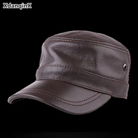 xdanqinx adjustable size mens genuine leather hat army military hats 2019 autumn cowhide leather flat caps for men snapback cap