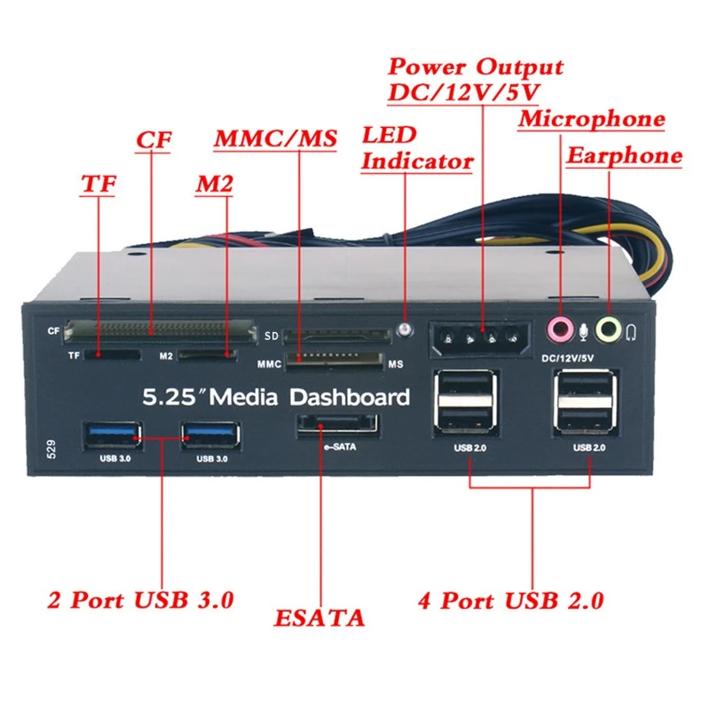 

5.25inch Media Dashboard All-In-One Multi-Function Card Reader USB3.0 HUB ESATA Port PC Dashboard Media Front Panel