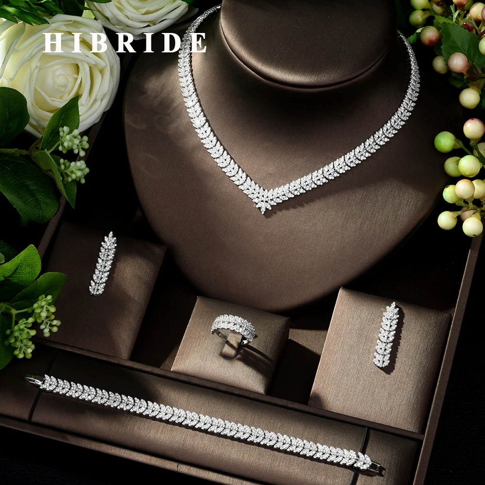 HIBRIDE New luxury Zircon Micro Pave Set Necklace Earrings Bracelet four-piece Women Weeding Jewelry Bijoux Femme N-223 | Украшения и