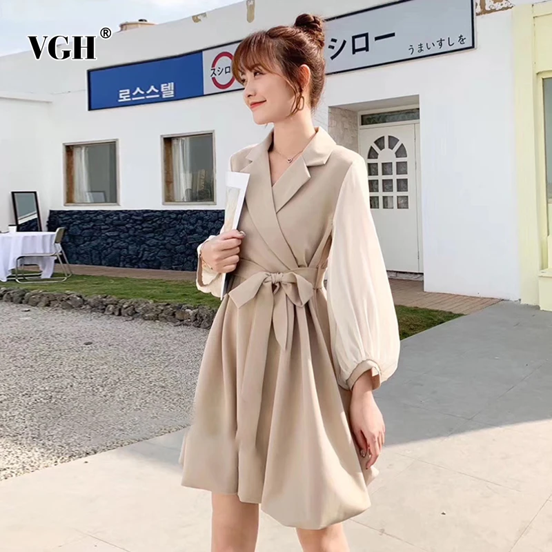 Женское Сетчатое мини платье VGH элегантное лоскутное с отложным воротником