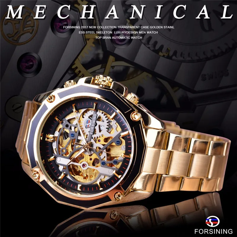 

forsining men's fashion leisure water mechanical watch steel belt hollow automatic mechanical watch