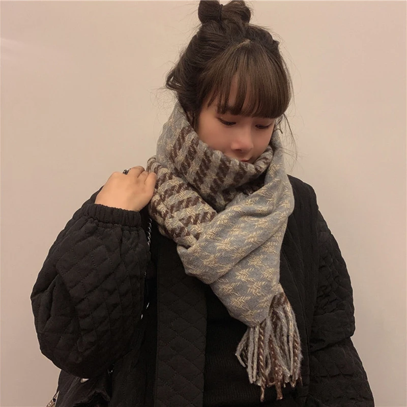 

[EAM] Women Long Wide Vintage Knitting Plaid Keep Warm Scarf New Long Personality Fashion Tide Autumn Winter 2021 1DD2952