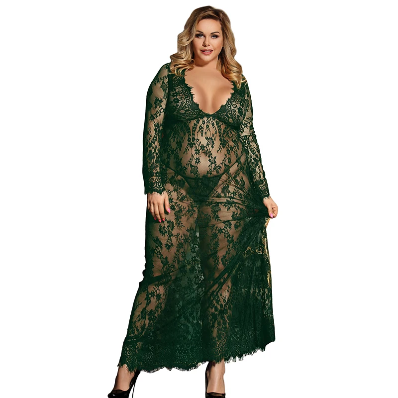 Кружевное Эротическое длинное нижнее белье Ночная рубашка с V-образным вырезом