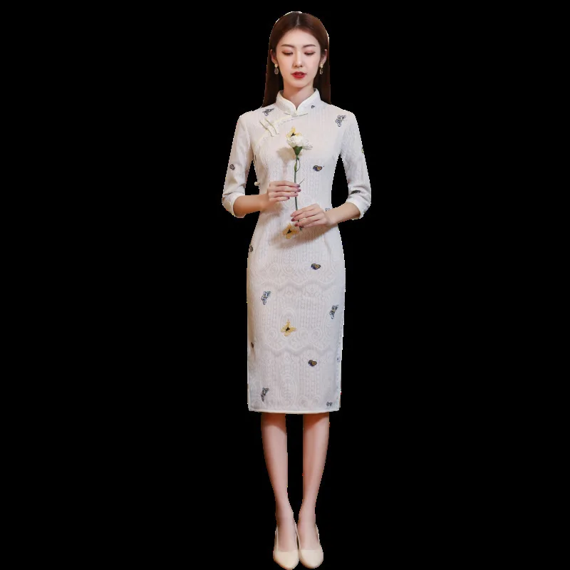 Sheng Coco леди белый кружево мода Cheongsam западный стиль с длинным рукавом Qipao до колена