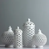 Handmade Hollow Circle Tube Storage Tank Jar White Ceramic Flower Vase Home Decoration Candle Holder Room Accessories