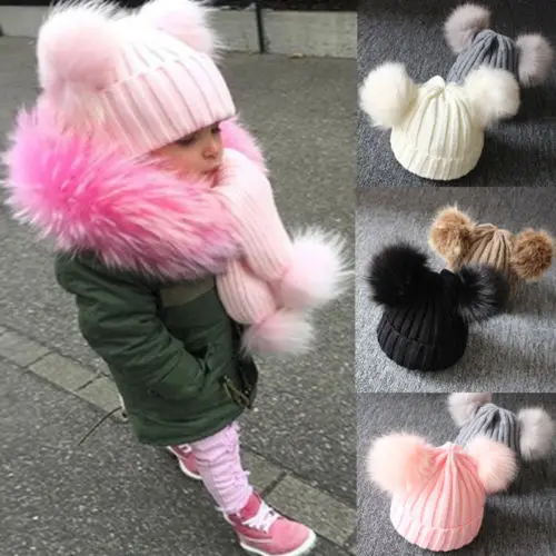 

Autumn Winter Newborn Baby Kids Girls Boys Warm Knit Hat Furry Balls Pompom Solid Warm Cute Lovely Beanie Cap Gifts