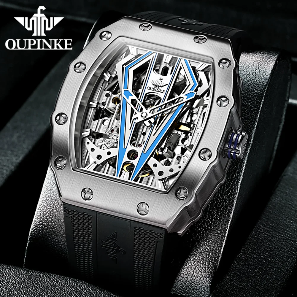 

OUPINKE New Tonneau Men Automatic Mechanical skeleton Black watch Silicone Strap Sapphire Crystal Wrist Watch Steampunk 3179