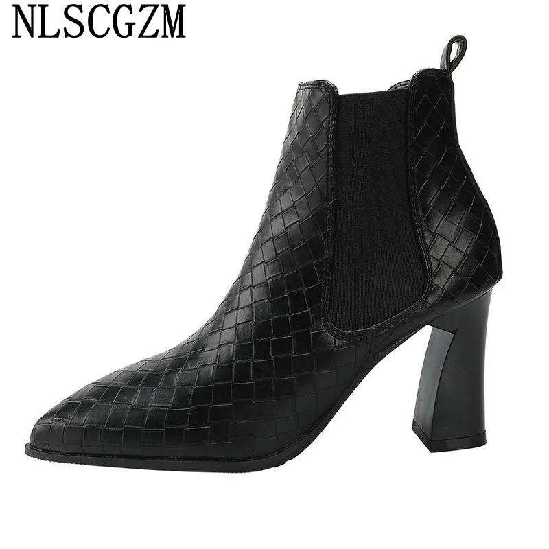 

Женские ботинки на высоком каблуке, Черные ботильоны на блочном каблуке, модные кожаные ботинки, женская обувь на массивном каблуке