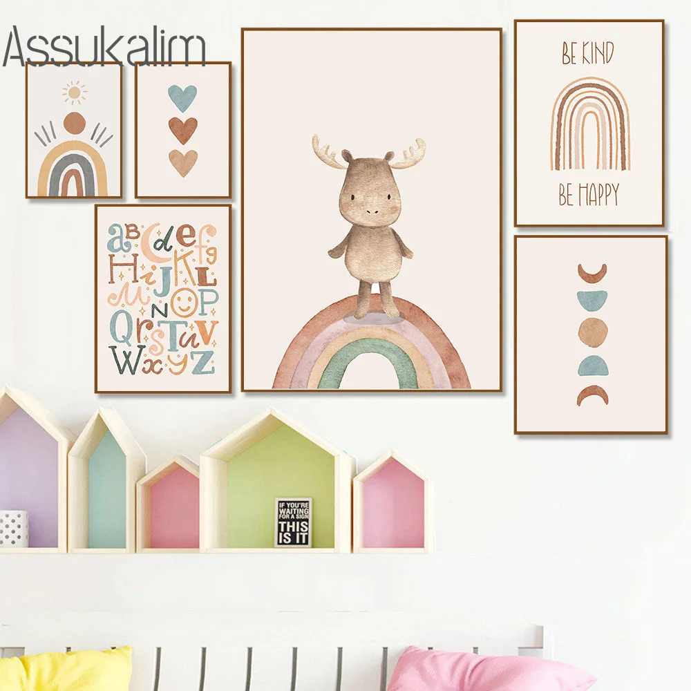 

ABC Alphabet Canvas Painting Hippo Poster Rainbow Art Prints Heat Posters Nursery Print Nordic Wall Pictures for Kids Room Decor