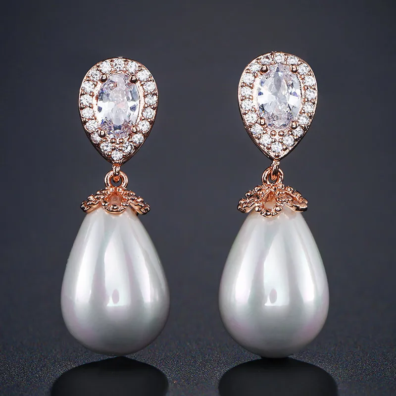 Rose Gold UILZ, новинка, модные свадебные жемчужные серьги в форме капли воды для женщин, AAA кубический цирконий, длинные висячие серьги UE516 - Окраска металла: Rose Gold