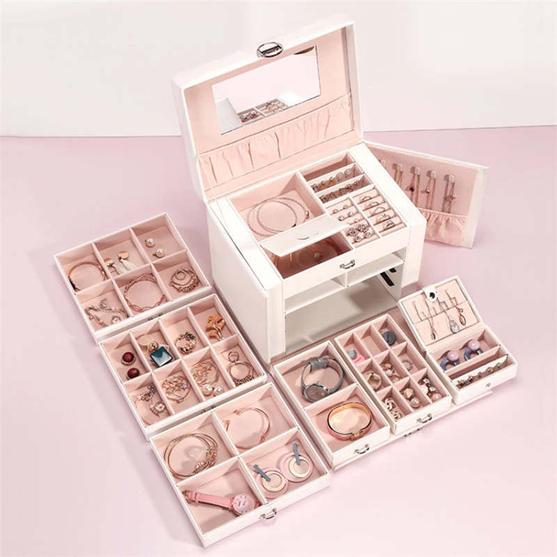 XINSOM Women Large Jewelry Box Organizer Multilayer High Capacity Jewelry Storage Box With Mirror Jewelry Case Casket Girls Gift