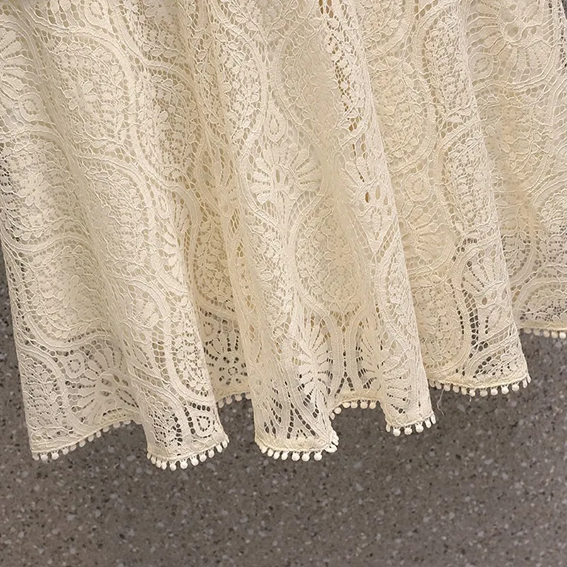 

Plus Size Women Elegant A-line Dress New 2021 Summer Vintage V-neck Hollow Out Lace Ladies Knee-length Party Dresses W219