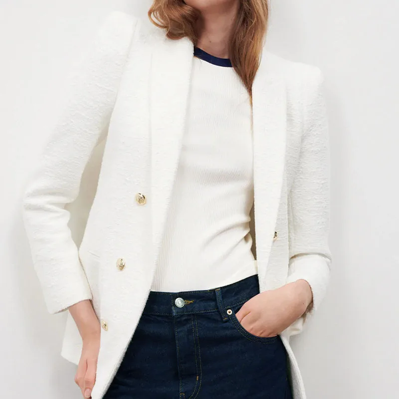 

Женский твидовый пиджак на пуговицах, белый или розовый пиджак в офисном стиле, элегантная верхняя одежда, весна-осень 2021