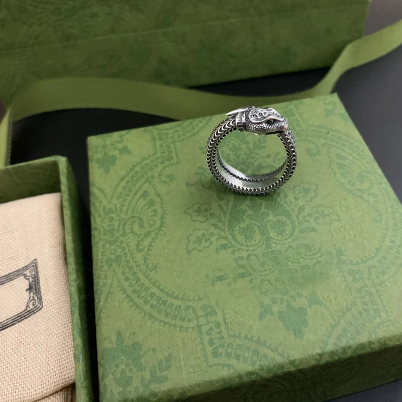 

Ag925 Sterling Silver Snake-shaped Creative Ring Couple Retro Hip-hop Ring Luxury Brand Fashion Trend Party Exquisite Gift