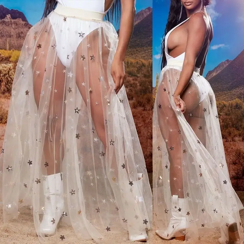 Женская прозрачная сетчатая юбка длинная свободная с вышивкой в виде звезд