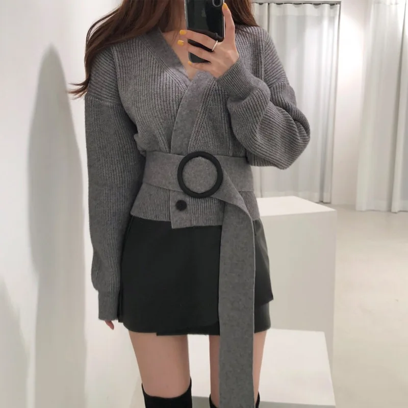 Корейский шикарный элегантный винтажный свитер с V-образным вырезом кардиганы