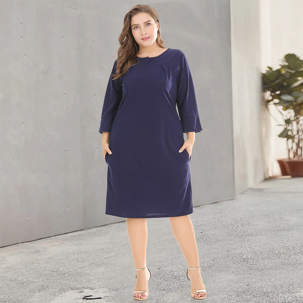 

Summer 2021 Plus Size Dress Casual Fashion O-neck Slim Long-sleeved Professional Office Elegant Knee Dress Retro Women's Dress
